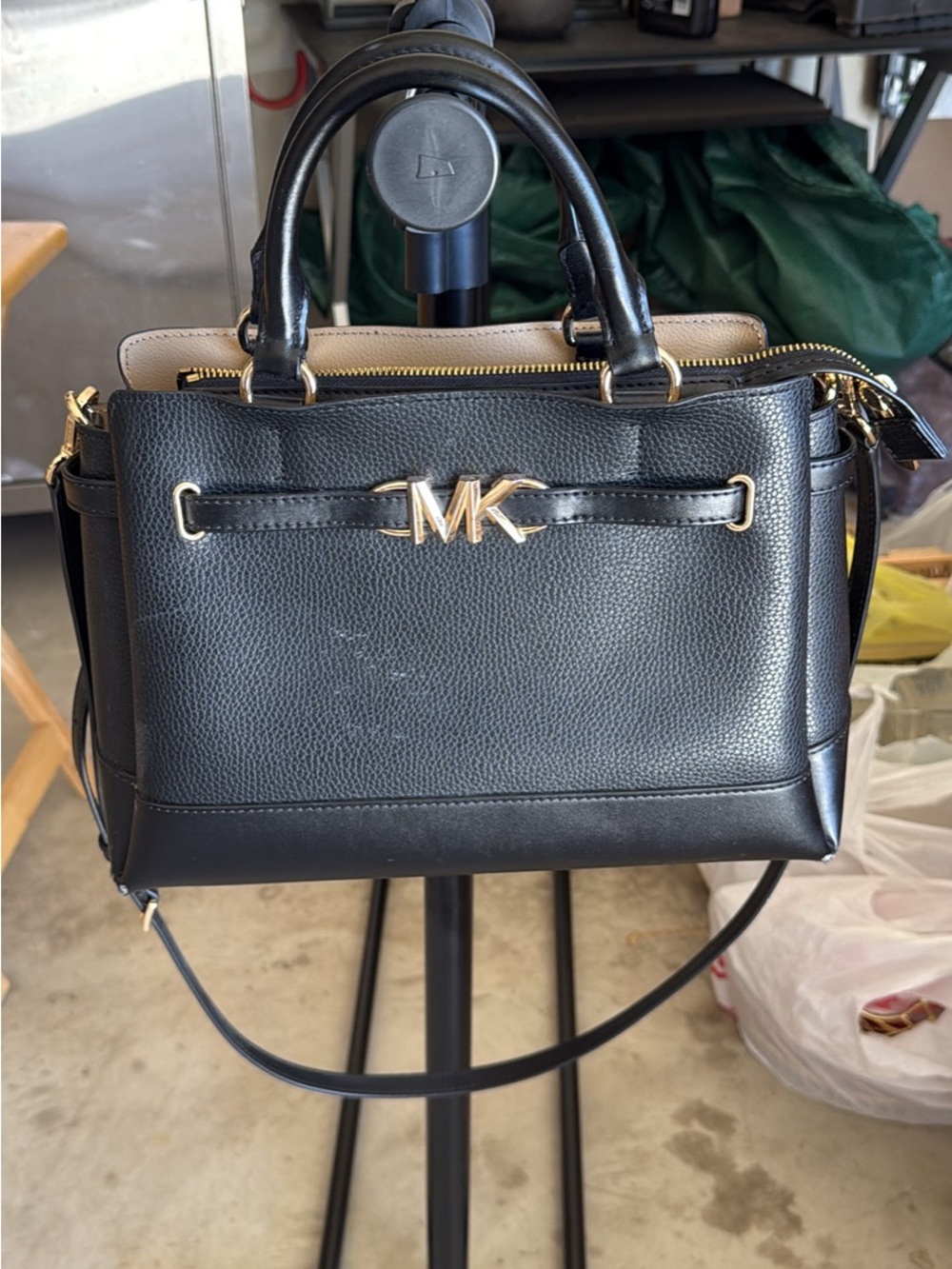 Michael Kors Black Pebbled Leather Satchel with Gold Hardware and Beige Trim